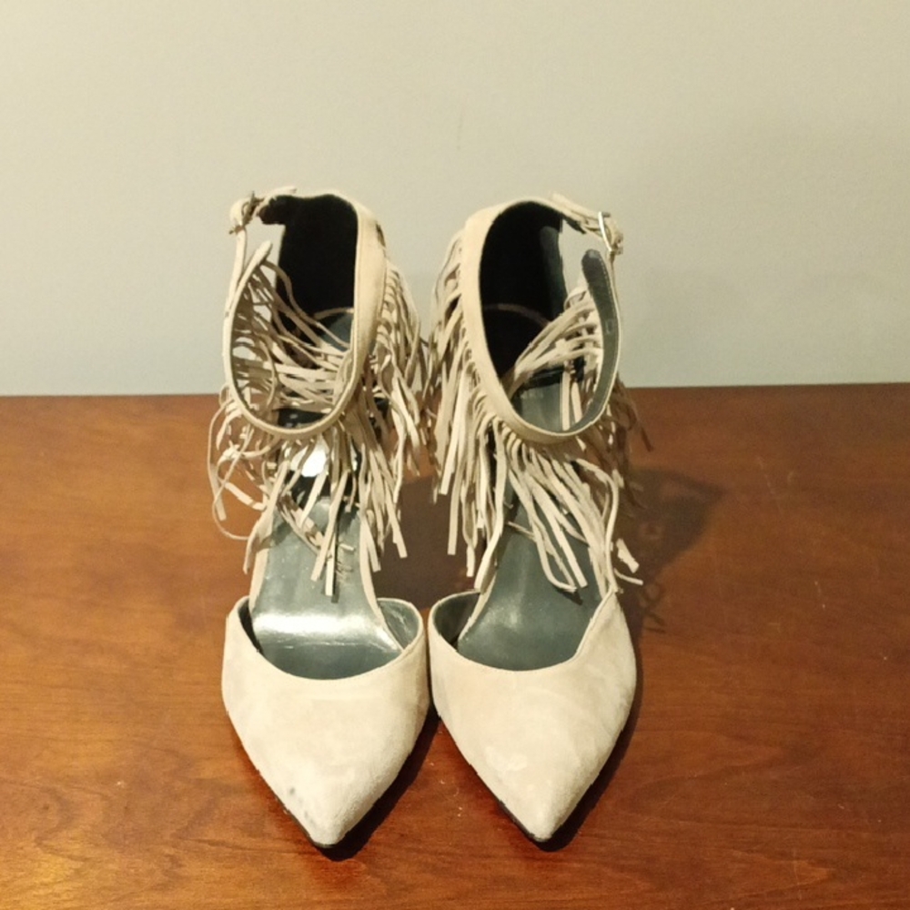 Stuart Weitzman Fringe Ankle Strap Women's Shoes - Cream